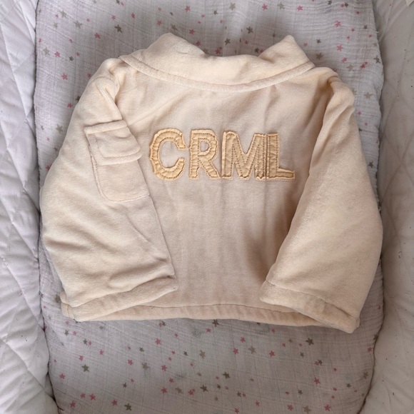 ⭒ 6M Cream Chunky Jacket Button Zipper Embroidered Bear Pockets Collar Velour ⭒ - Picture 9 of 13